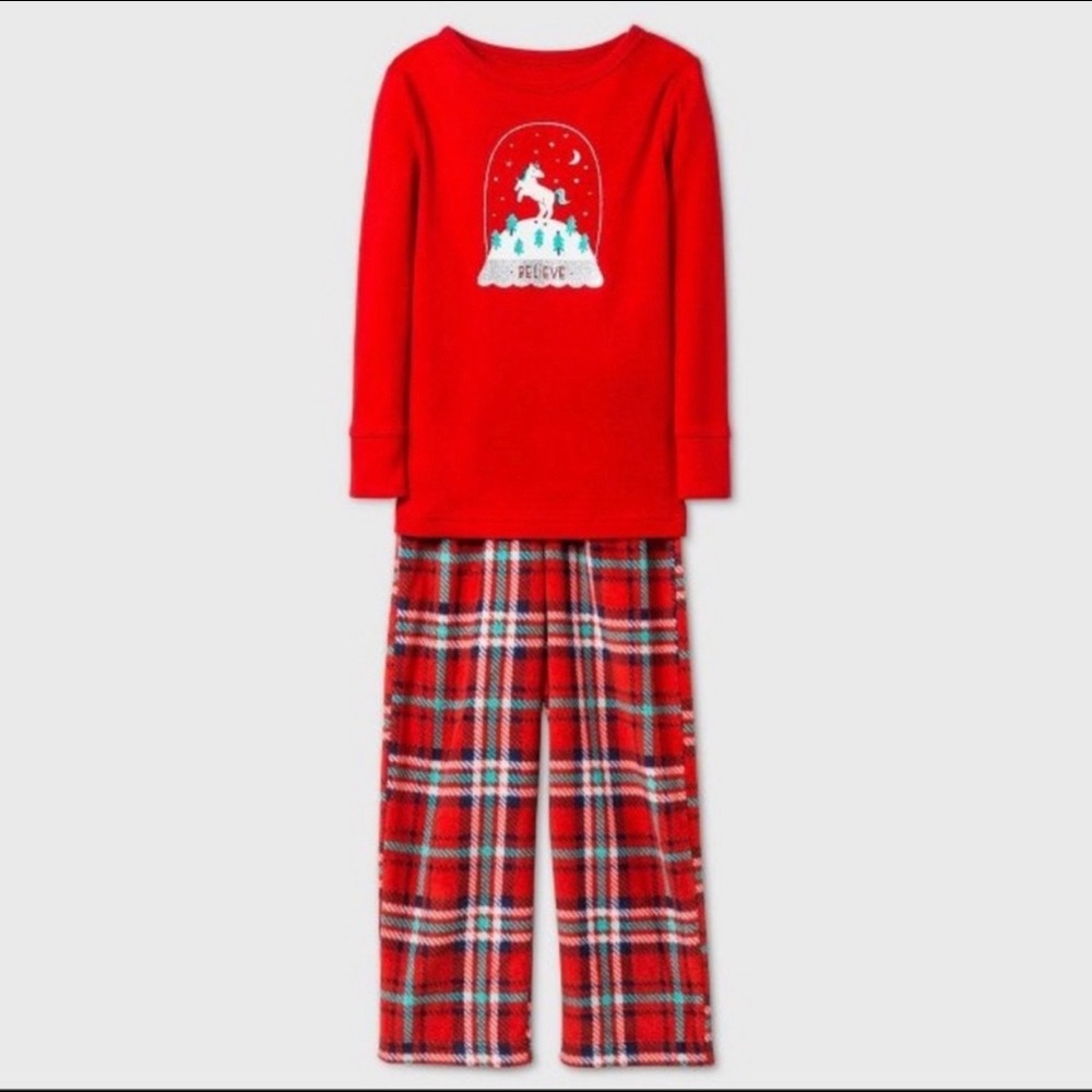 Cat & Jack Long Sleeve Christmas Unicorn Pajama Set Plaid Pants Girl/Boy Size 4T